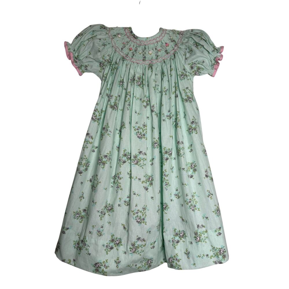 Classic Whimsy Smocked Dress Size 2T Green Purple Pink Floral Short Slve Cotton